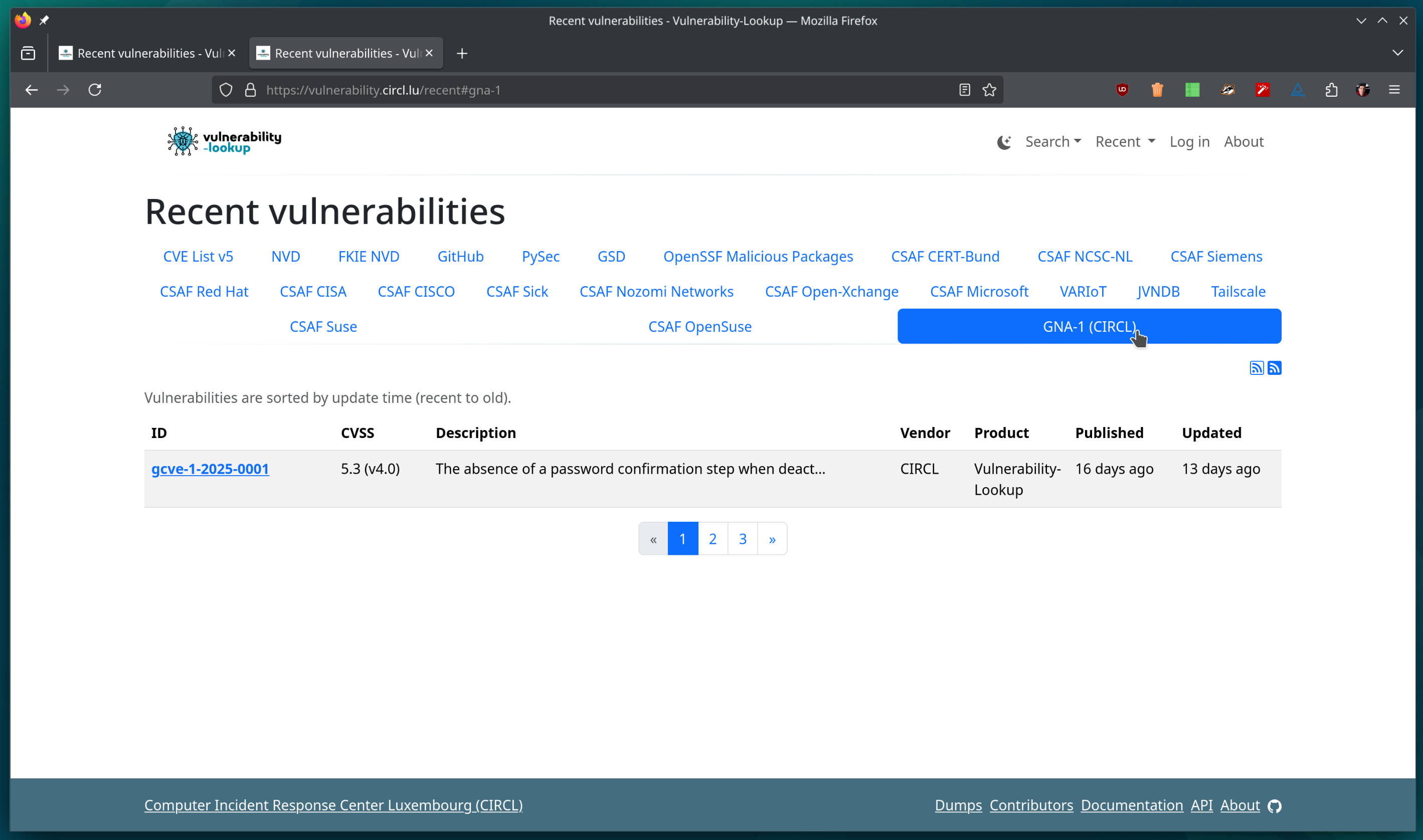 Security Advisories from GNA-1 Retrieved in the Local Vulnerability-Lookup Instance