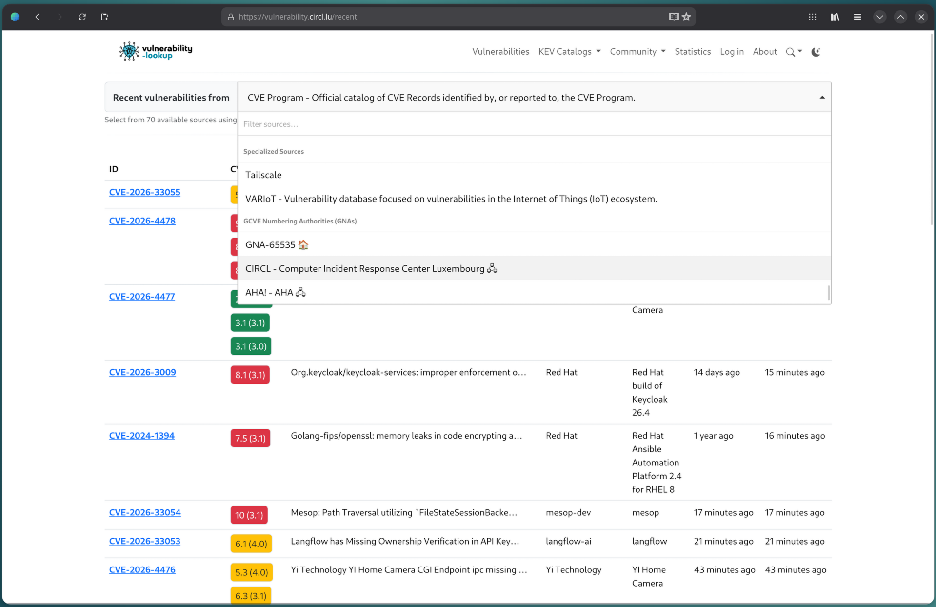 New sources menu unfolded