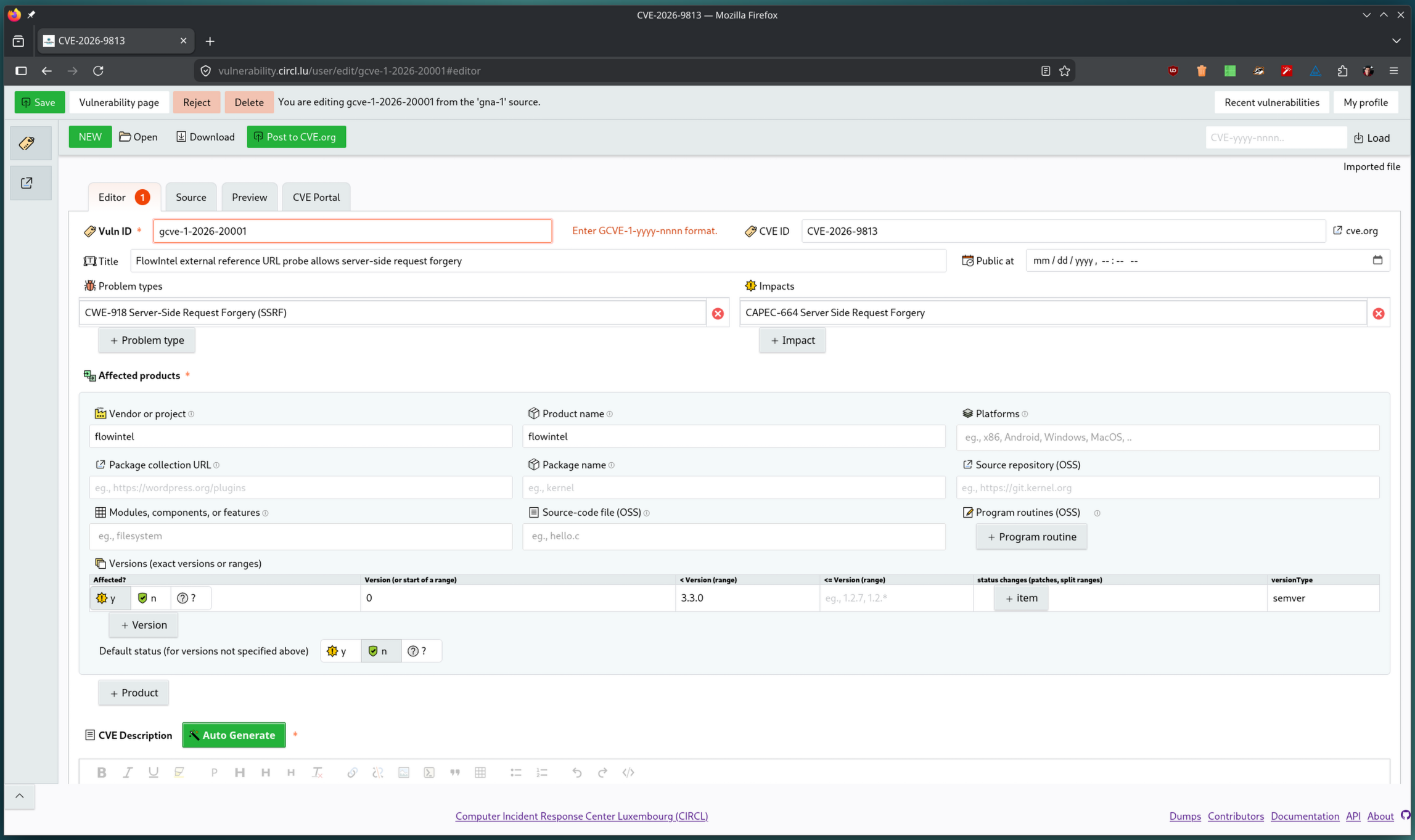 Vulnerability-Lookup 5.0.0 edit GCVE entry interface