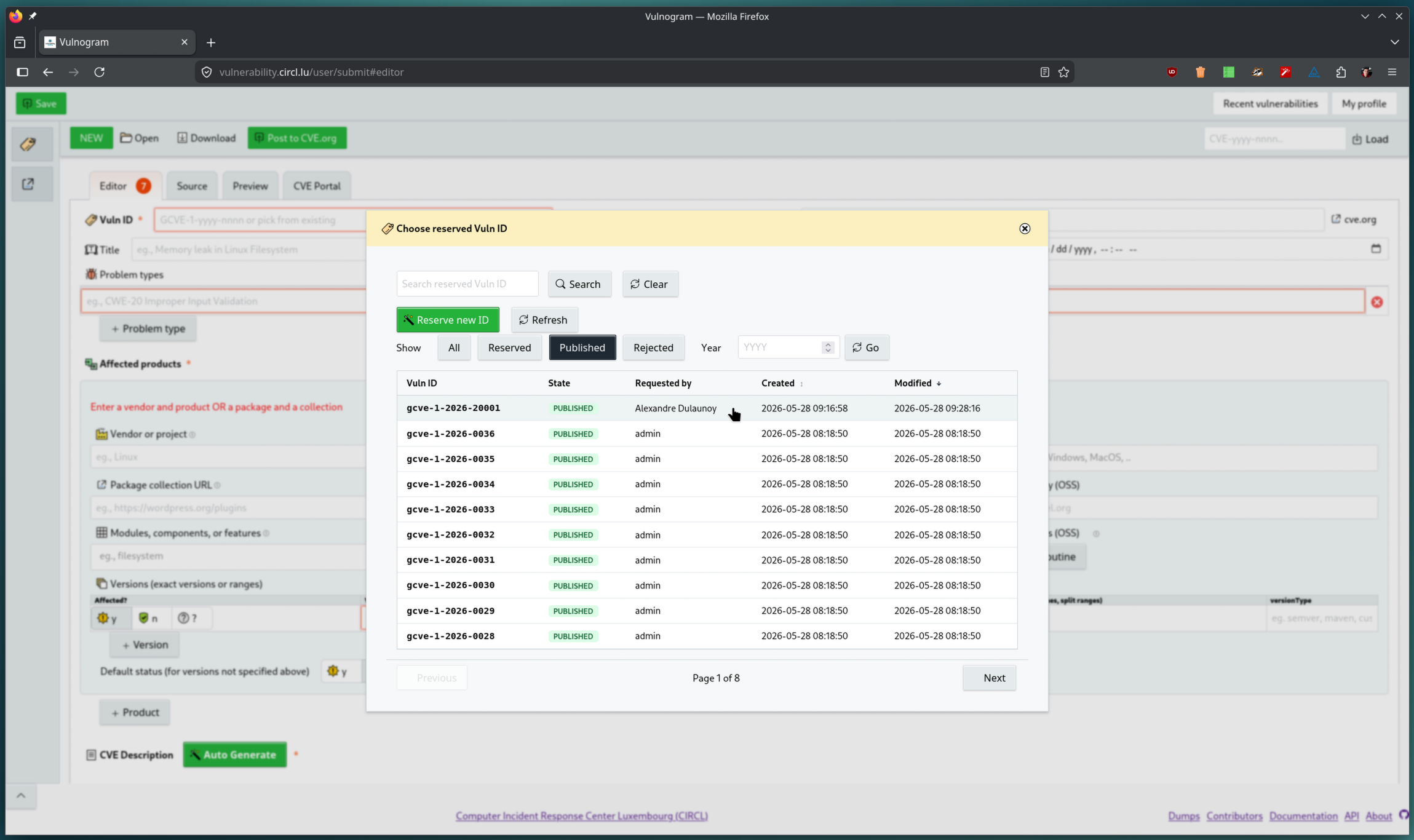 Vulnerability-Lookup 5.0.0 reserved IDs dialog
