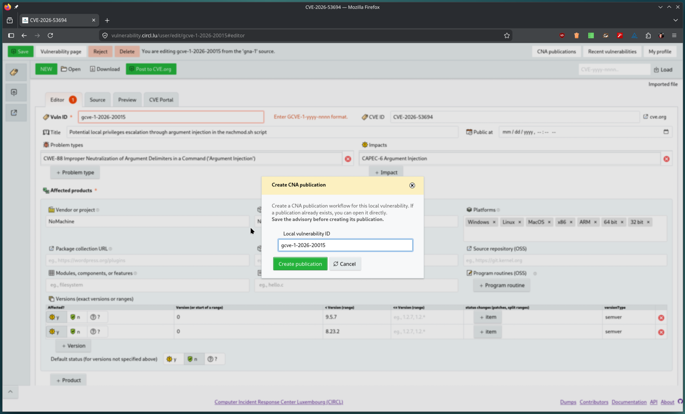 Create CNA publication dialog in the Vulnogram editor
