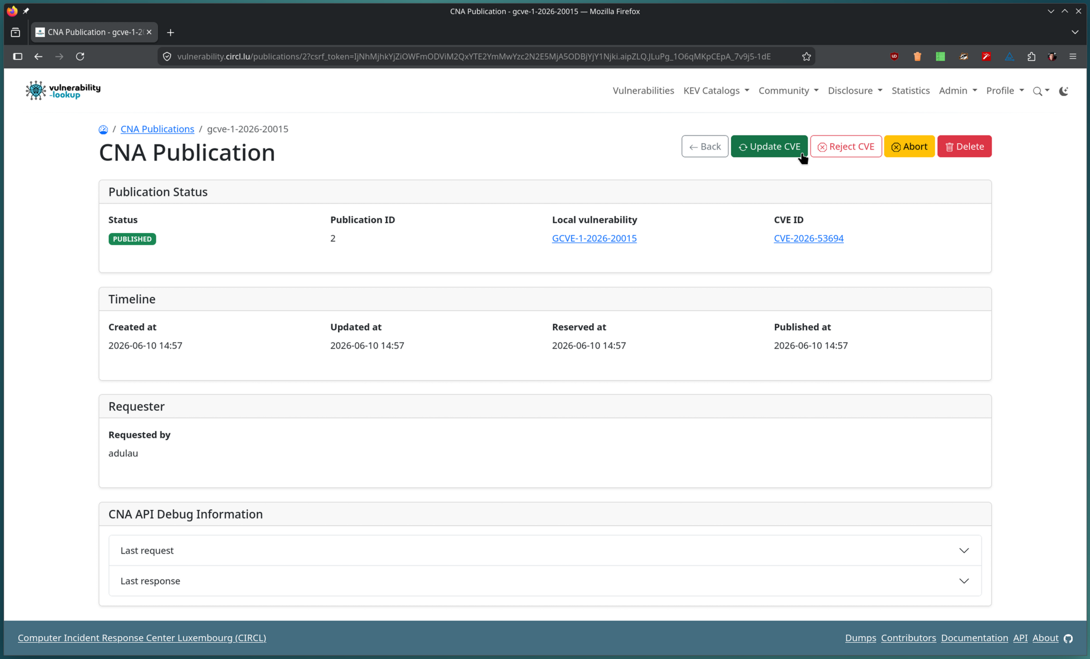 CNA Publication detail page with status, timeline, requester and moderation actions