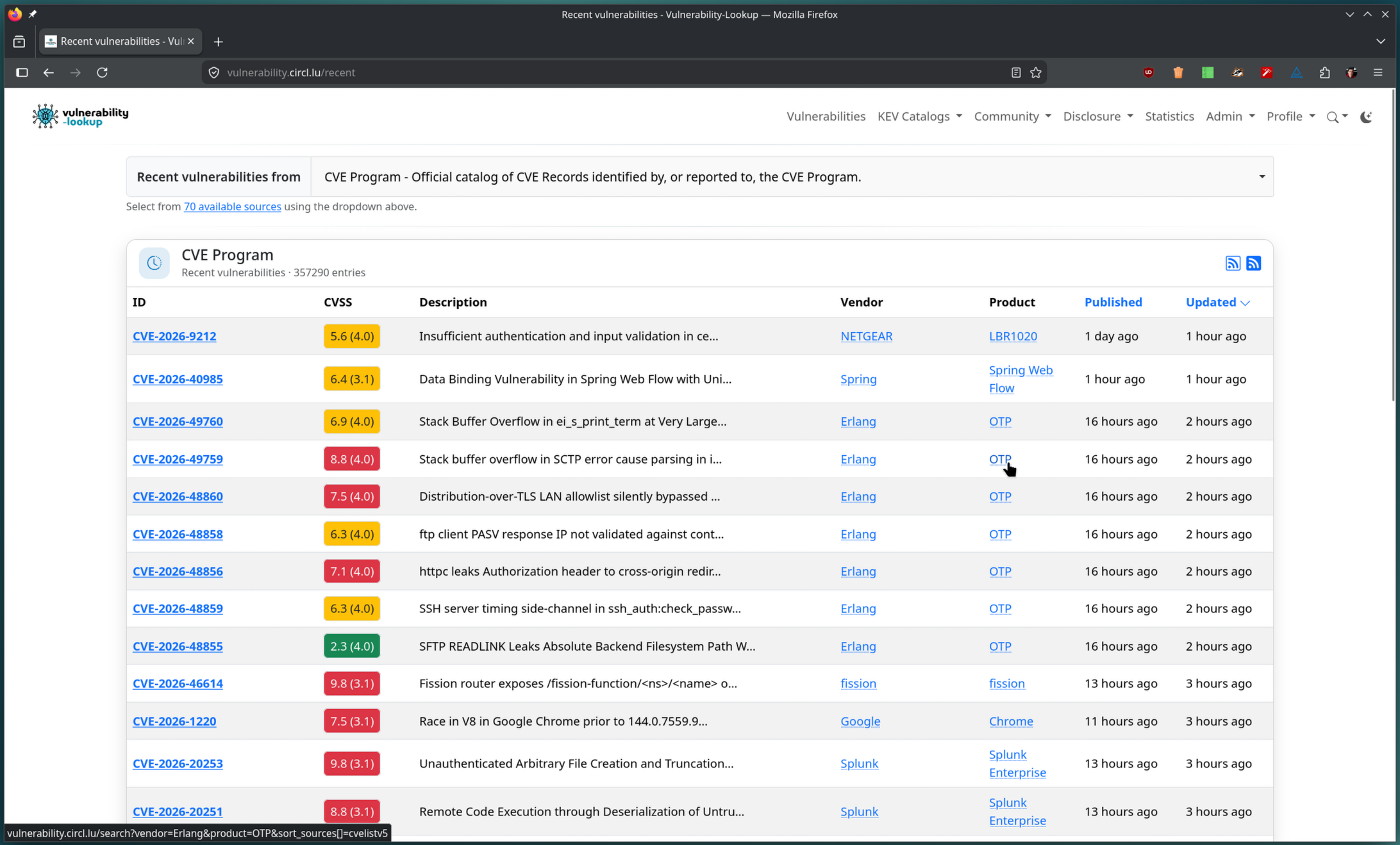 Recent vulnerabilities view with clickable Vendor and Product columns