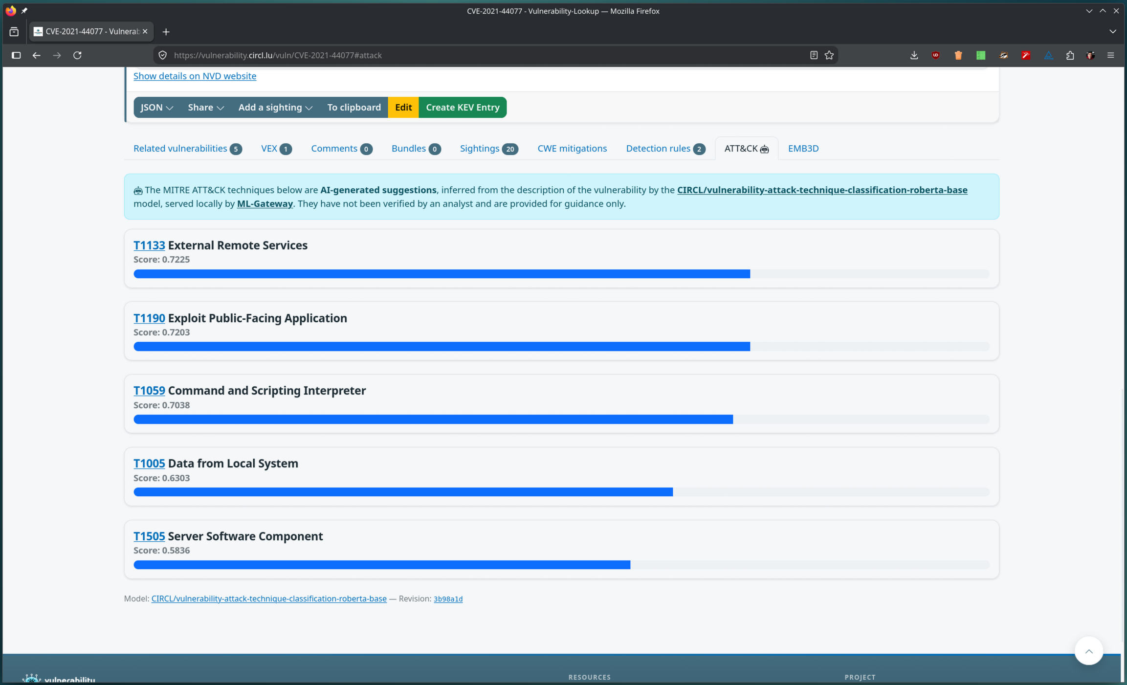 The new ATT&CK tab on the vulnerability page for CVE-2021-44077, listing AI-suggested techniques such as T1133 External Remote Services and T1190 Exploit Public-Facing Application with their confidence scores
