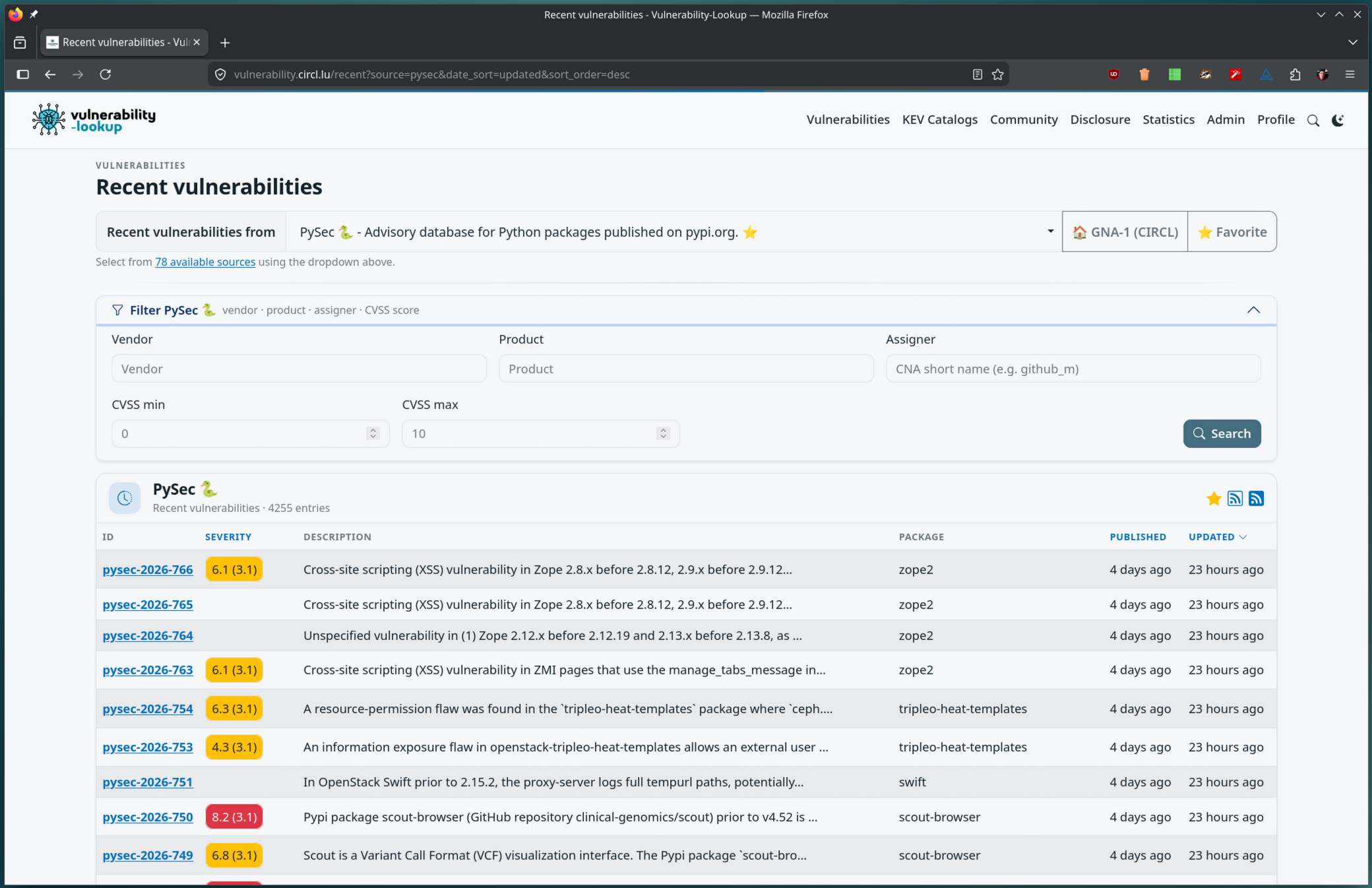 The recent vulnerabilities page with the quick-filter accordion expanded, showing vendor, product, assigner and CVSS min/max fields above the results table