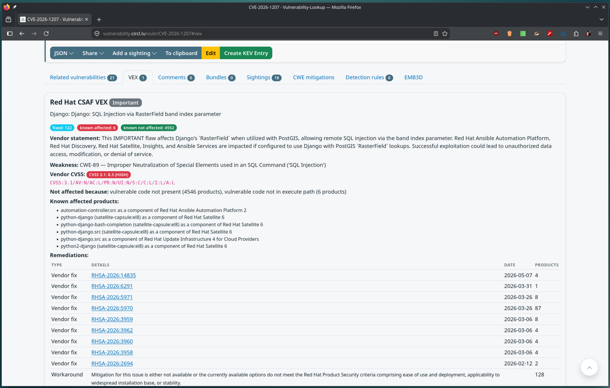 The VEX tab on a vulnerability page, showing the Red Hat CSAF VEX summary: vendor statement, weakness, vendor CVSS, known affected products and remediations