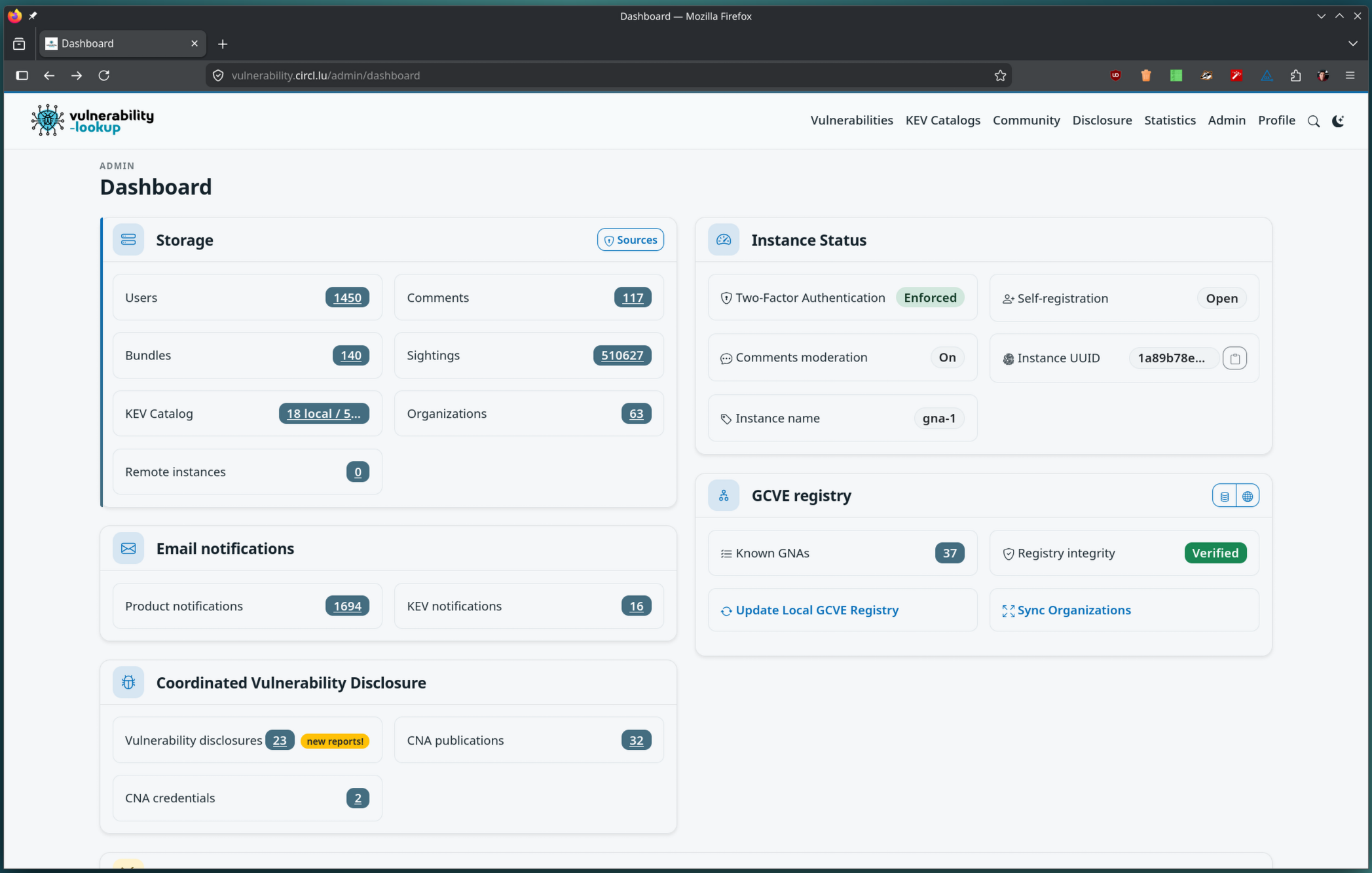The modernized admin dashboard with cards for storage, instance status, the GCVE registry, coordinated vulnerability disclosure, and the new e-mail notifications card showing product and KEV notification counts