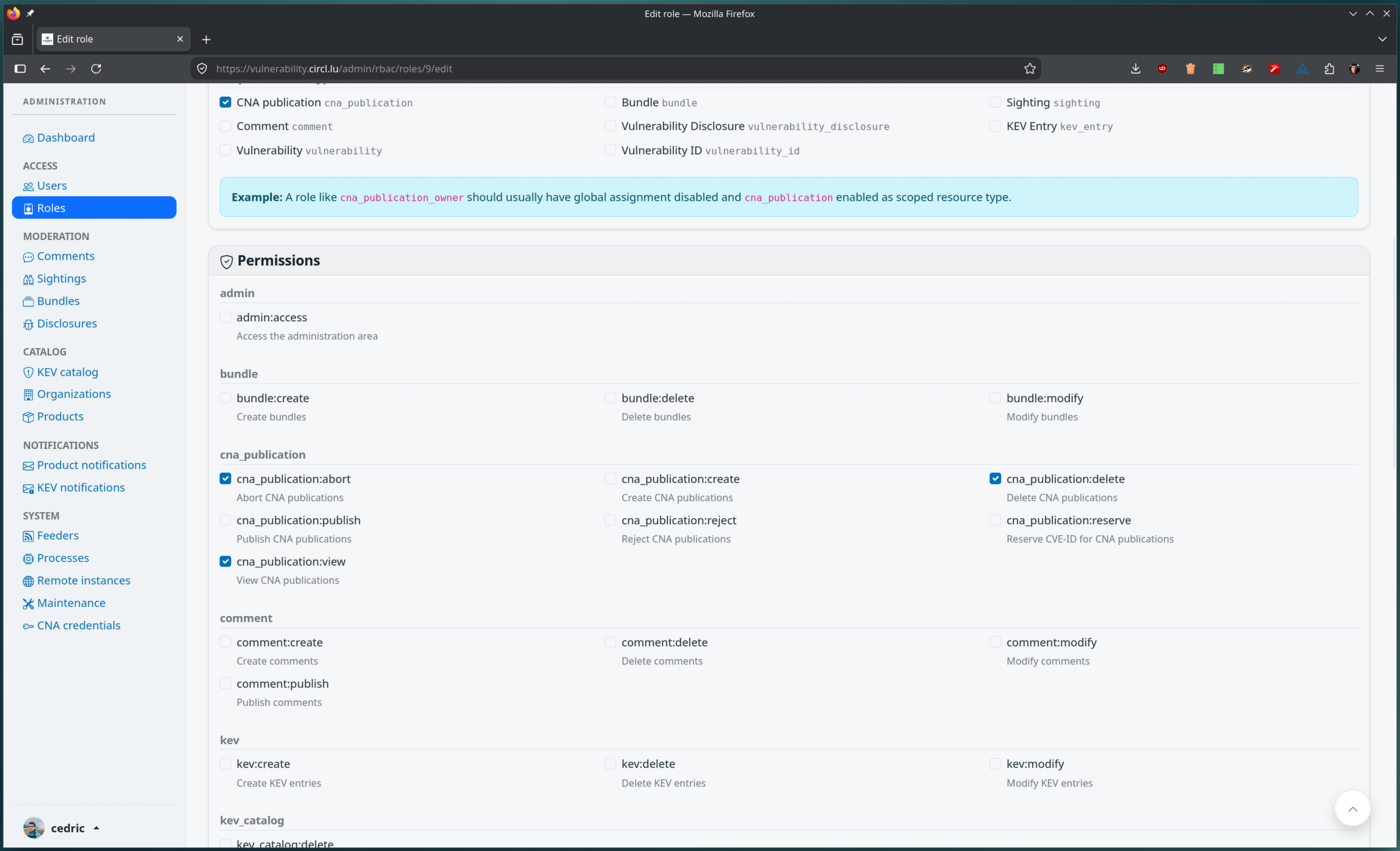 The role edit page with the scoped resource type selection and the permission checkboxes grouped by resource: admin, bundle, cna_publication, comment, kev