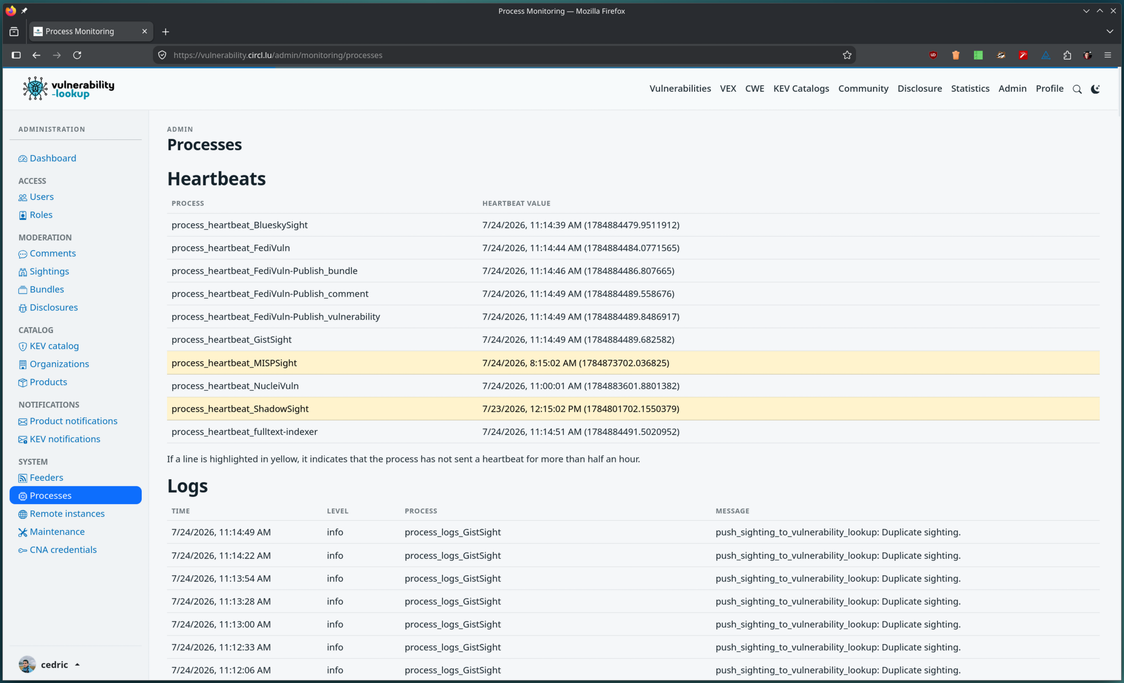 The Processes admin page showing the heartbeats of the running processes, with stale heartbeats highlighted in yellow, and the recent process logs below