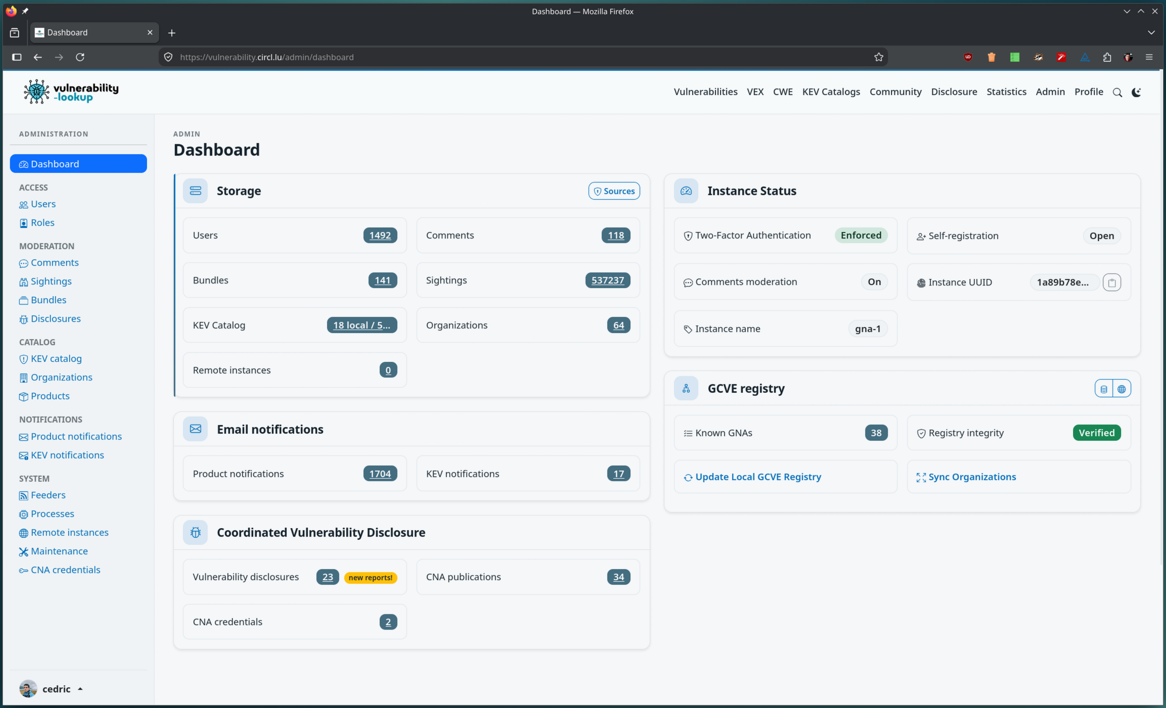 The admin dashboard with the new full-height sidebar grouping the pages by mission: access, moderation, catalog, notifications and system