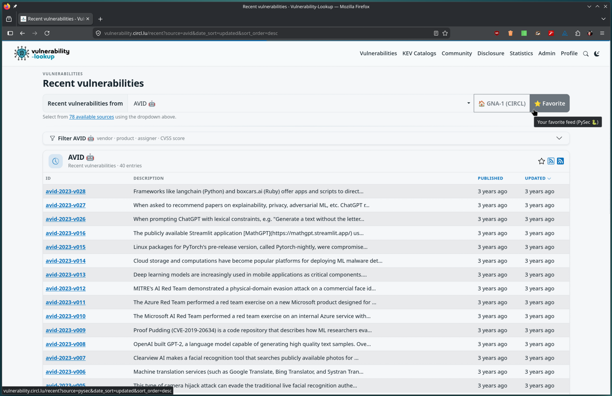 The recent vulnerabilities page showing the new AVID source, with quick-access buttons to the local instance source and the favorite feed next to the source selector