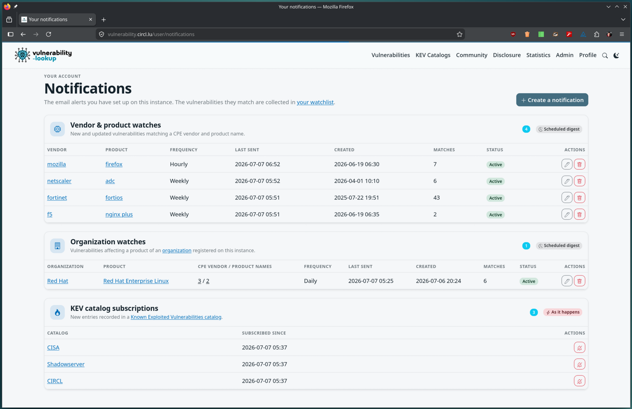 The redesigned notifications page with cards for vendor and product watches, organization watches, and KEV catalog subscriptions