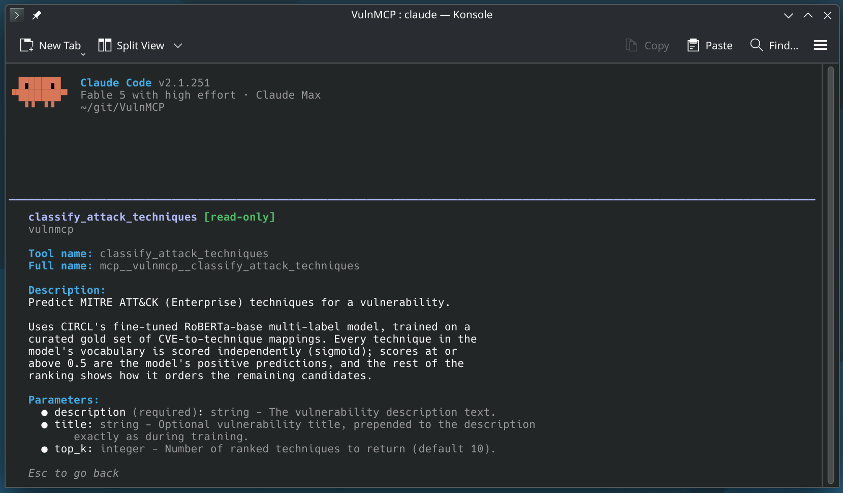 The classify_attack_techniques tool of VulnMCP shown in Claude Code, with its description and parameters