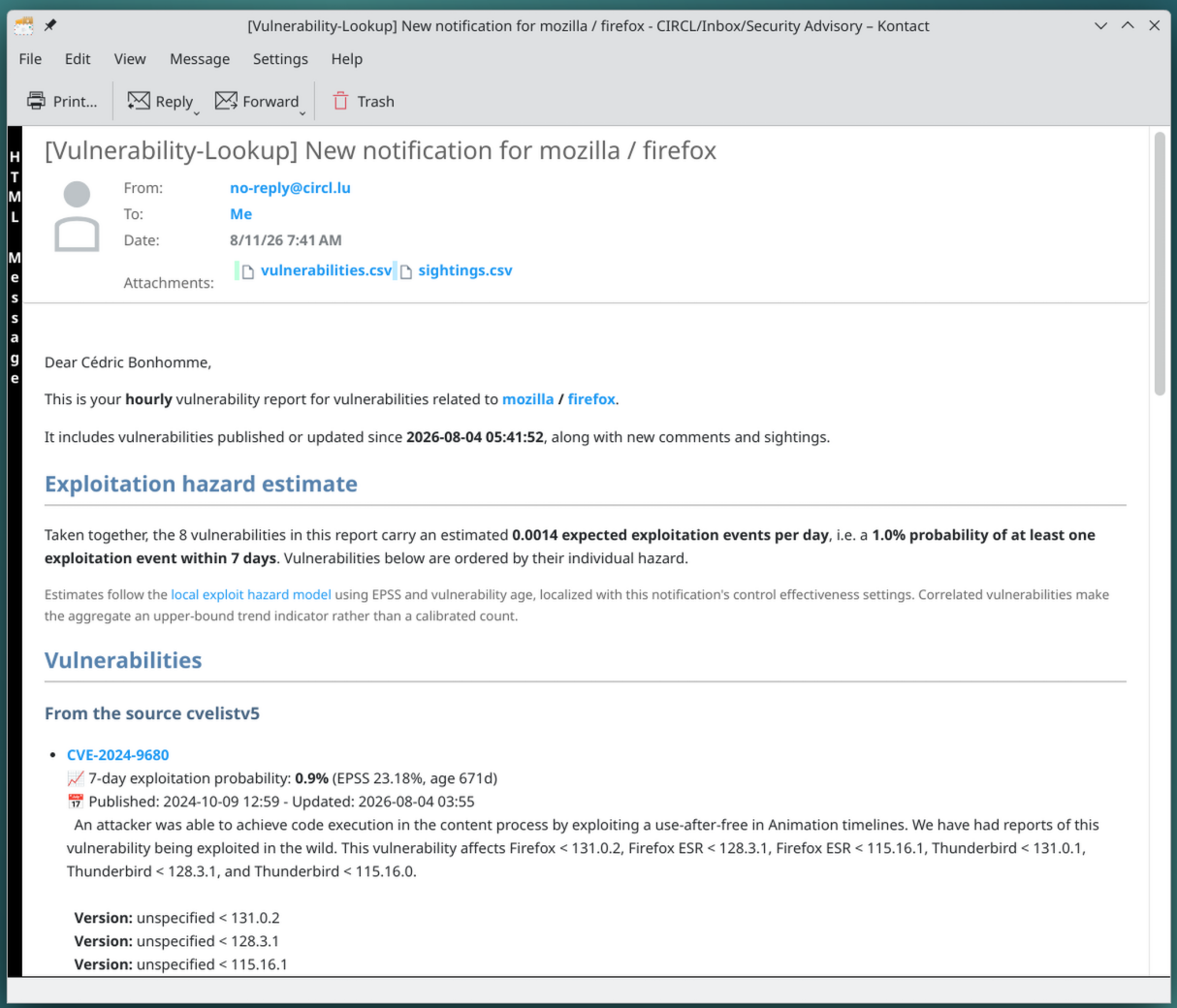The hourly vulnerability report: hazard-ordered list with CVE-2024-9680 on top, annotated with its 7-day exploitation probability, EPSS score and age
