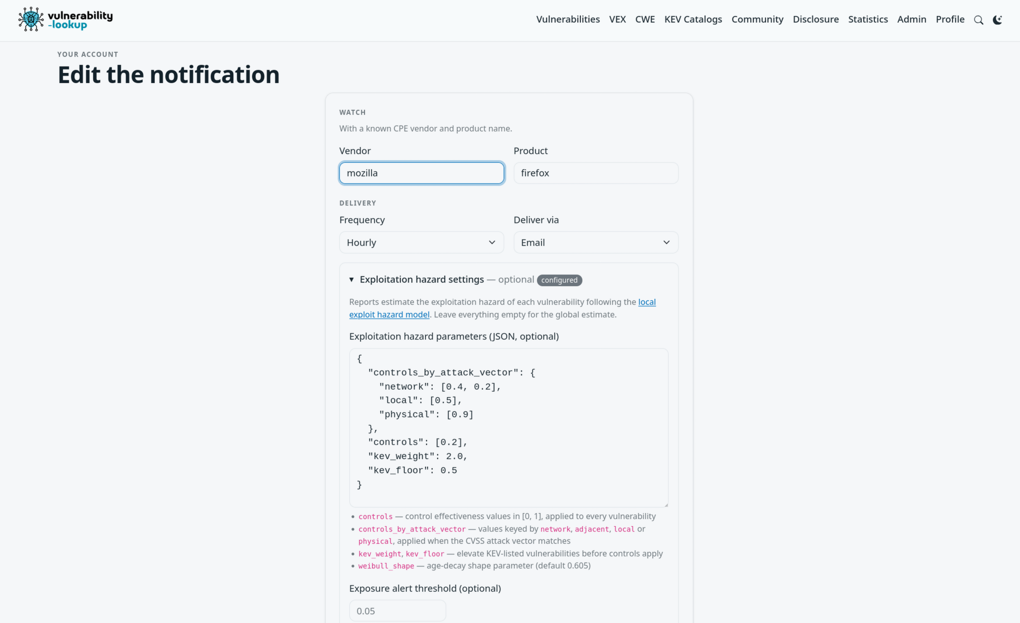 The notification form: control effectiveness values, KEV policy, and the exposure alert threshold stored on the subscription