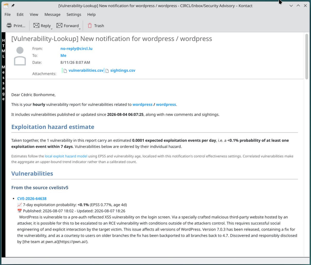 The WordPress report: a freshly published, alarming-sounding CVE annotated with an honestly small exploitation probability