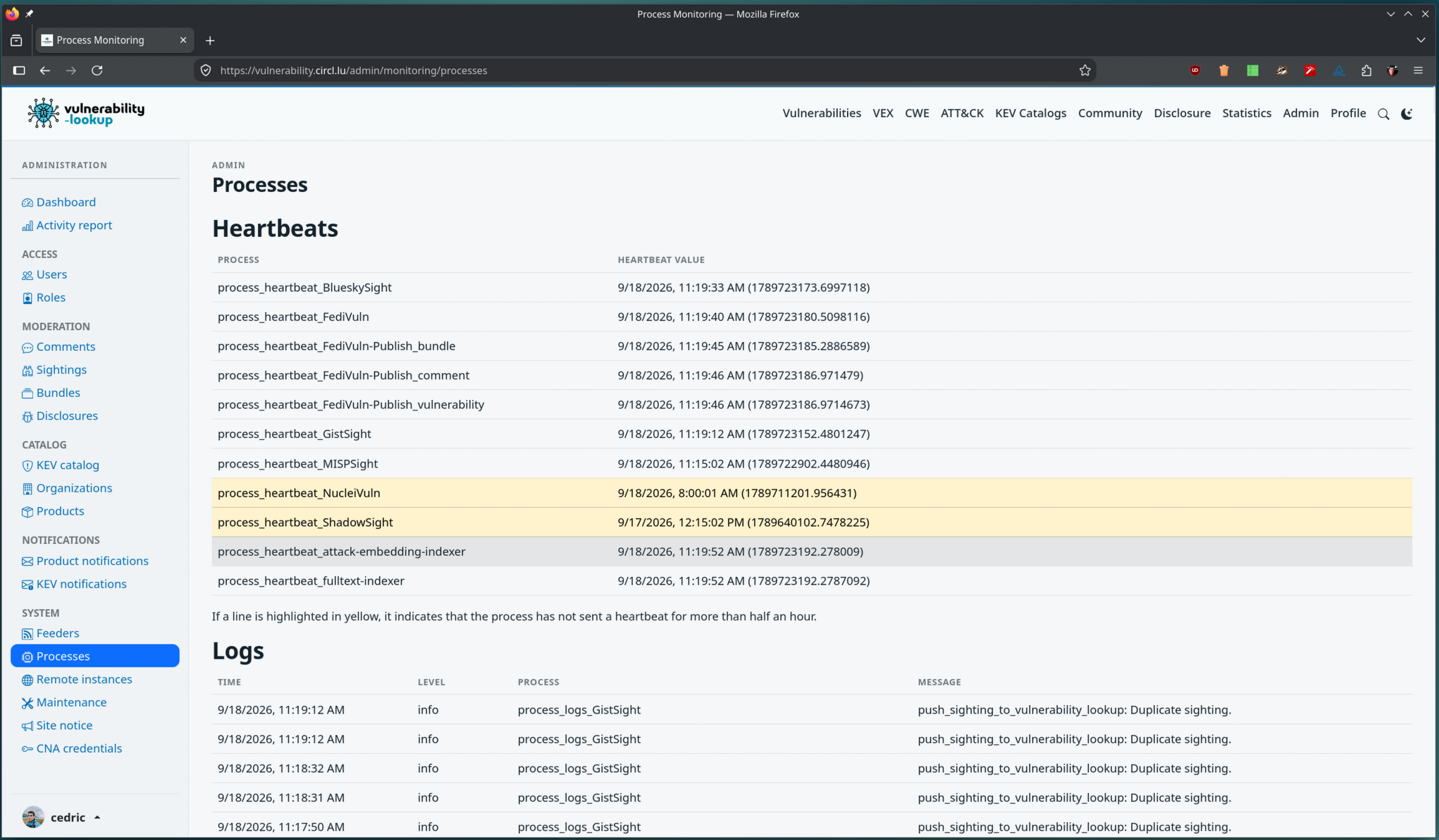 The admin Processes monitoring page listing the heartbeats of the running processes, with process_heartbeat_attack-embedding-indexer next to the fulltext indexer, and the logs below