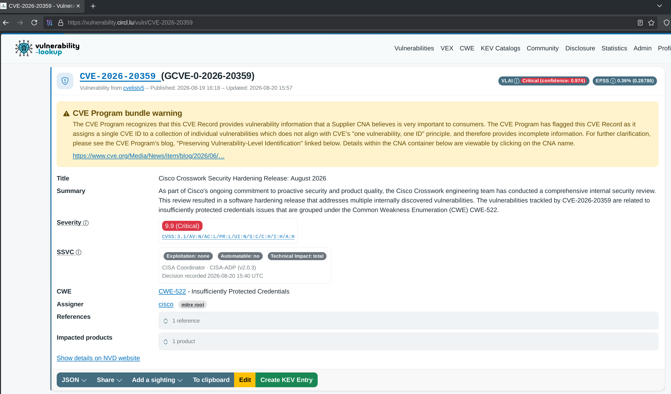 The vulnerability page for CVE-2026-20359, Cisco Crosswork Security Hardening Release: August 2026, with a yellow CVE Program bundle warning above the title quoting the Program notice that a single CVE ID was assigned to a collection of individual vulnerabilities, and linking to the Program blog post