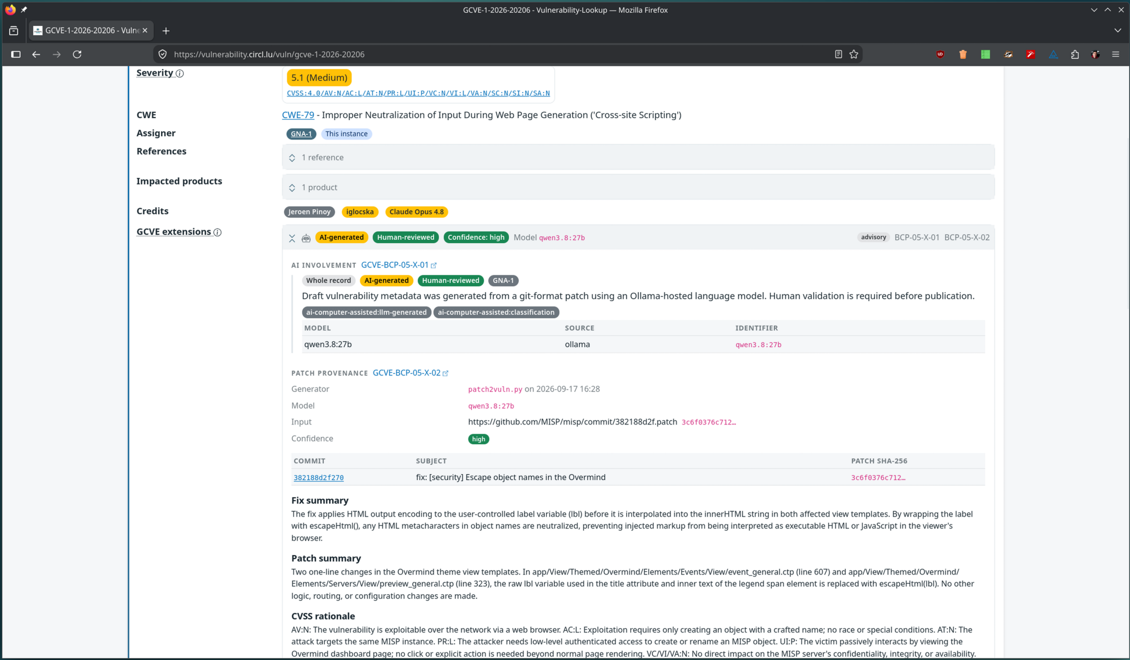 The GCVE extensions panel of GCVE-1-2026-20206 unfolded: an AI involvement section (GCVE-BCP-05-X-01) with Whole record, AI-generated, Human-reviewed and GNA-1 badges, the annotation text and a models table naming qwen3.8:27b served by ollama, then a patch provenance section (GCVE-BCP-05-X-02) with the generator patch2vuln.py, the model, the input patch URL, a high confidence badge, the commit table and the fix, patch and CVSS rationale summaries