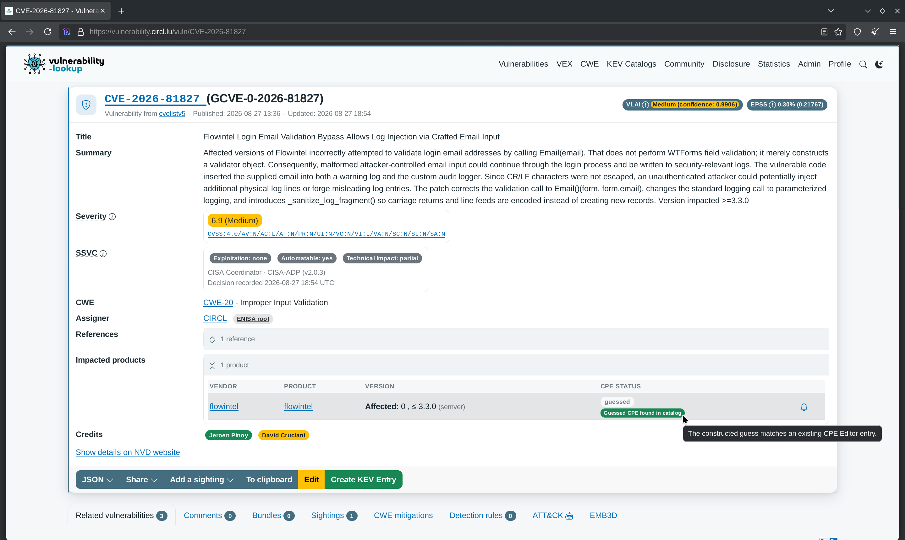 The vulnerability page for CVE-2026-81827 with a CPE status column in the impacted products table, showing a guessed CPE and a green Guessed CPE found in catalog badge; the assigner CIRCL carries an ENISA root badge