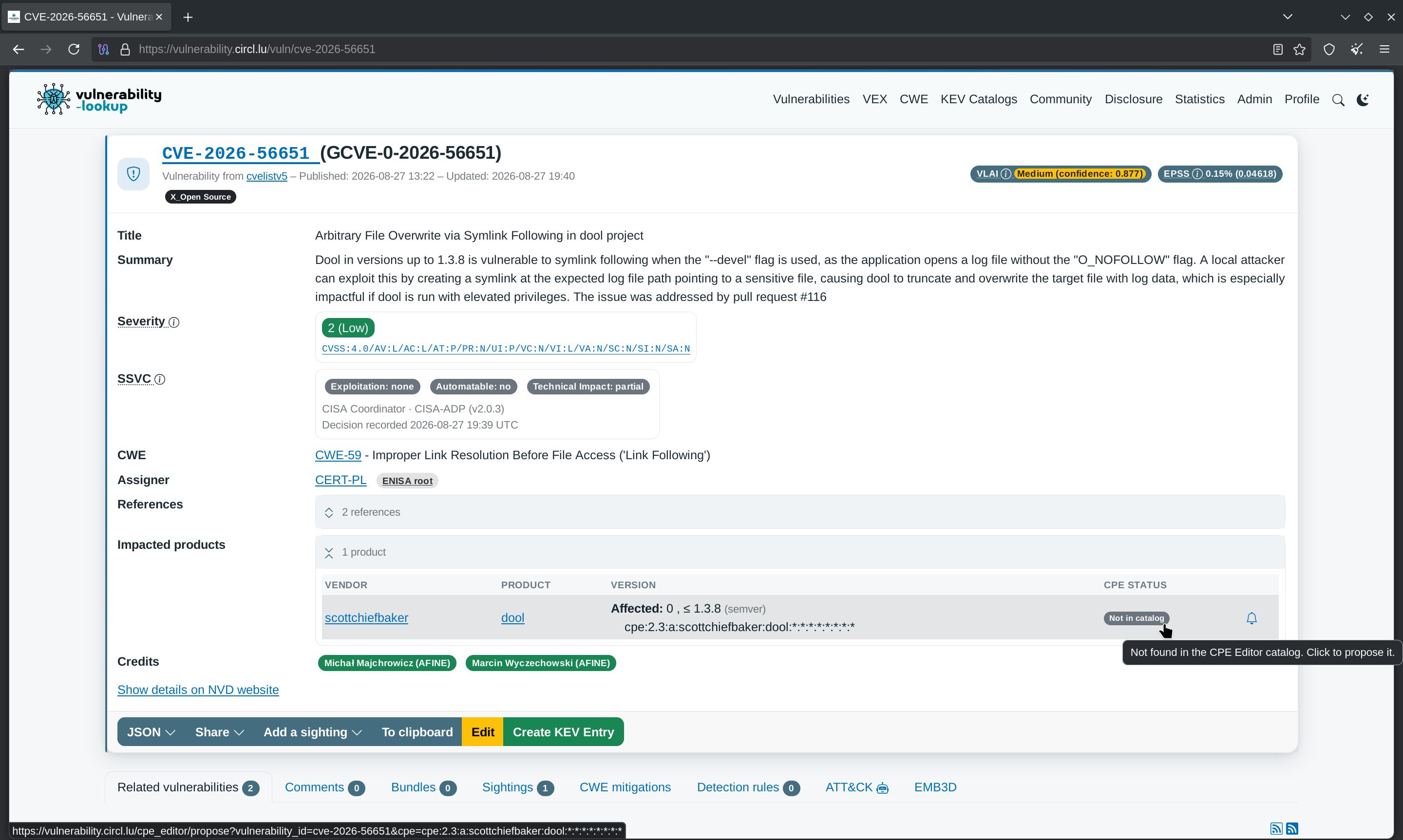 The vulnerability page for CVE-2026-56651 showing the CPE name cpe:2.3:a:scottchiefbaker:dool with a Not in catalog badge and the tooltip Not found in the CPE Editor catalog, click to propose it
