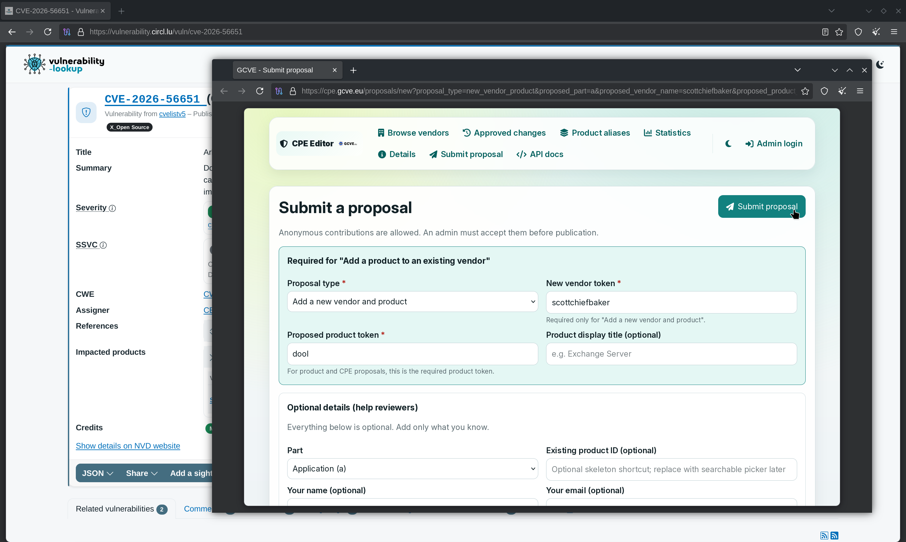 The CPE Editor Submit a proposal form opened from the vulnerability page, pre-filled with the proposal type Add a new vendor and product, the vendor token scottchiefbaker and the product token dool