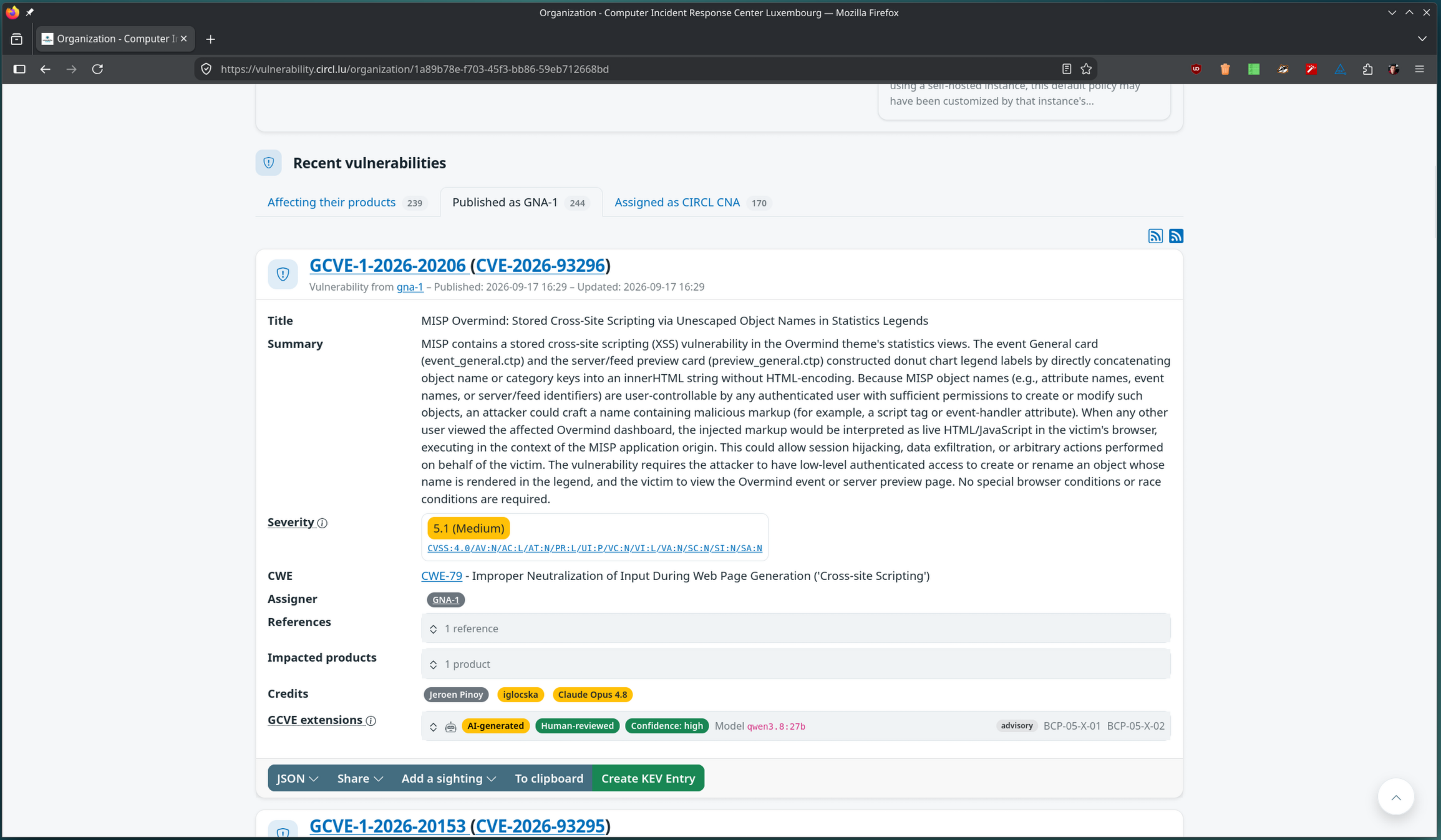 The CIRCL organization page with three Recent vulnerabilities tabs: Affecting their products 239, Published as GNA-1 244 and Assigned as CIRCL CNA 170, the GNA tab open on GCVE-1-2026-20206 with its GCVE extensions row showing AI-generated, Human-reviewed and Confidence high badges