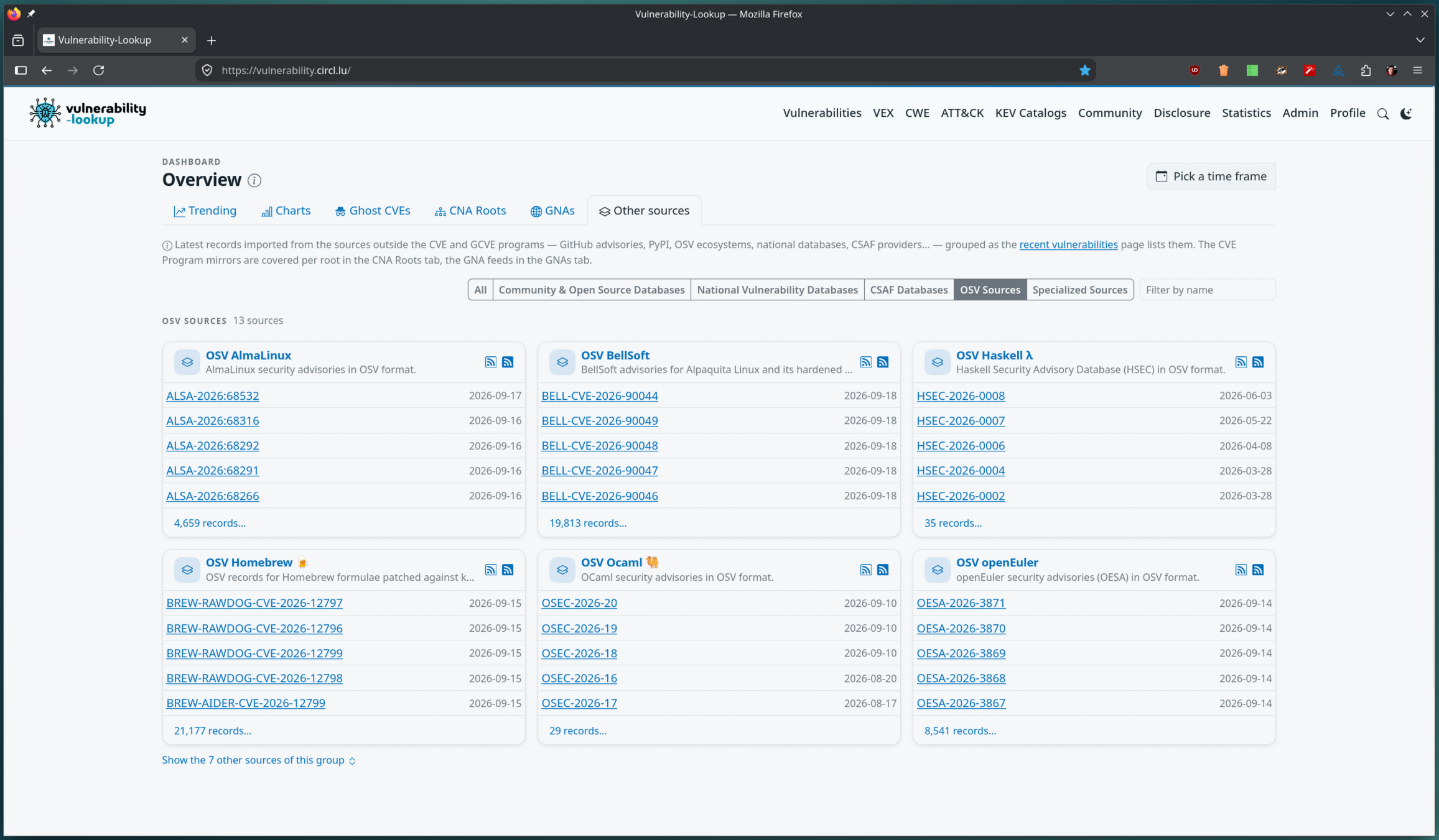 The Other sources dashboard tab filtered on OSV Sources, 13 sources: cards for OSV AlmaLinux, OSV BellSoft, OSV Haskell, OSV Homebrew, OSV Ocaml and OSV openEuler, with a Show the 7 other sources of this group link