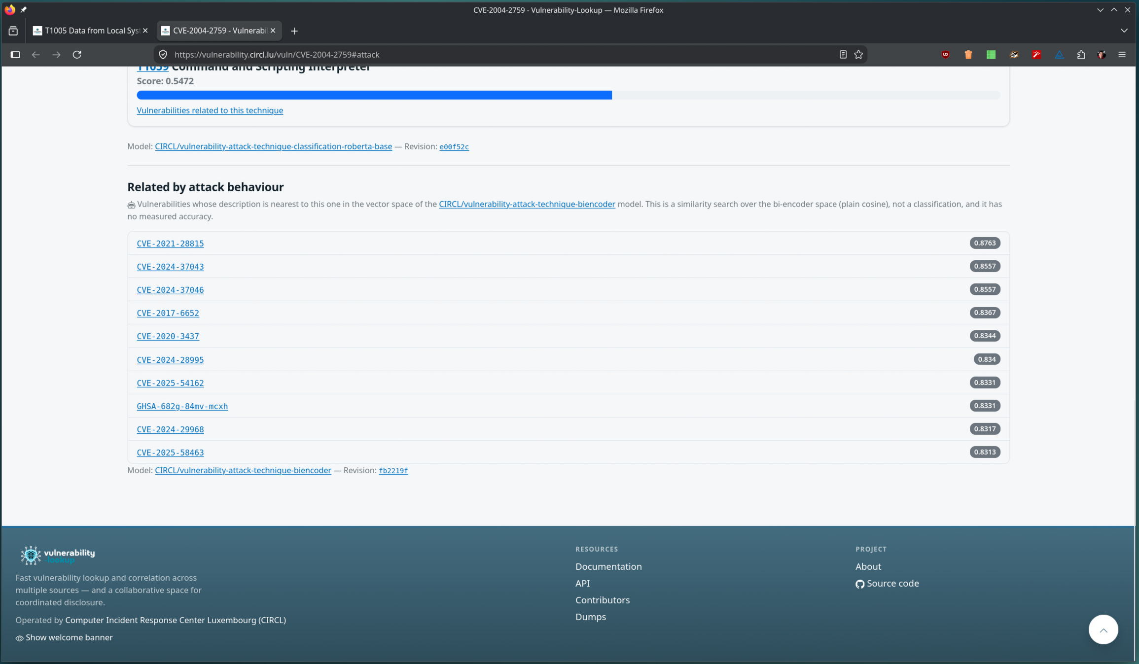 The ATT&CK tab of CVE-2004-2759 with a Related by attack behaviour section listing ten vulnerabilities nearest to it in the bi-encoder space, CVE-2021-28815 first with a score of 0.8763, and the model and revision below