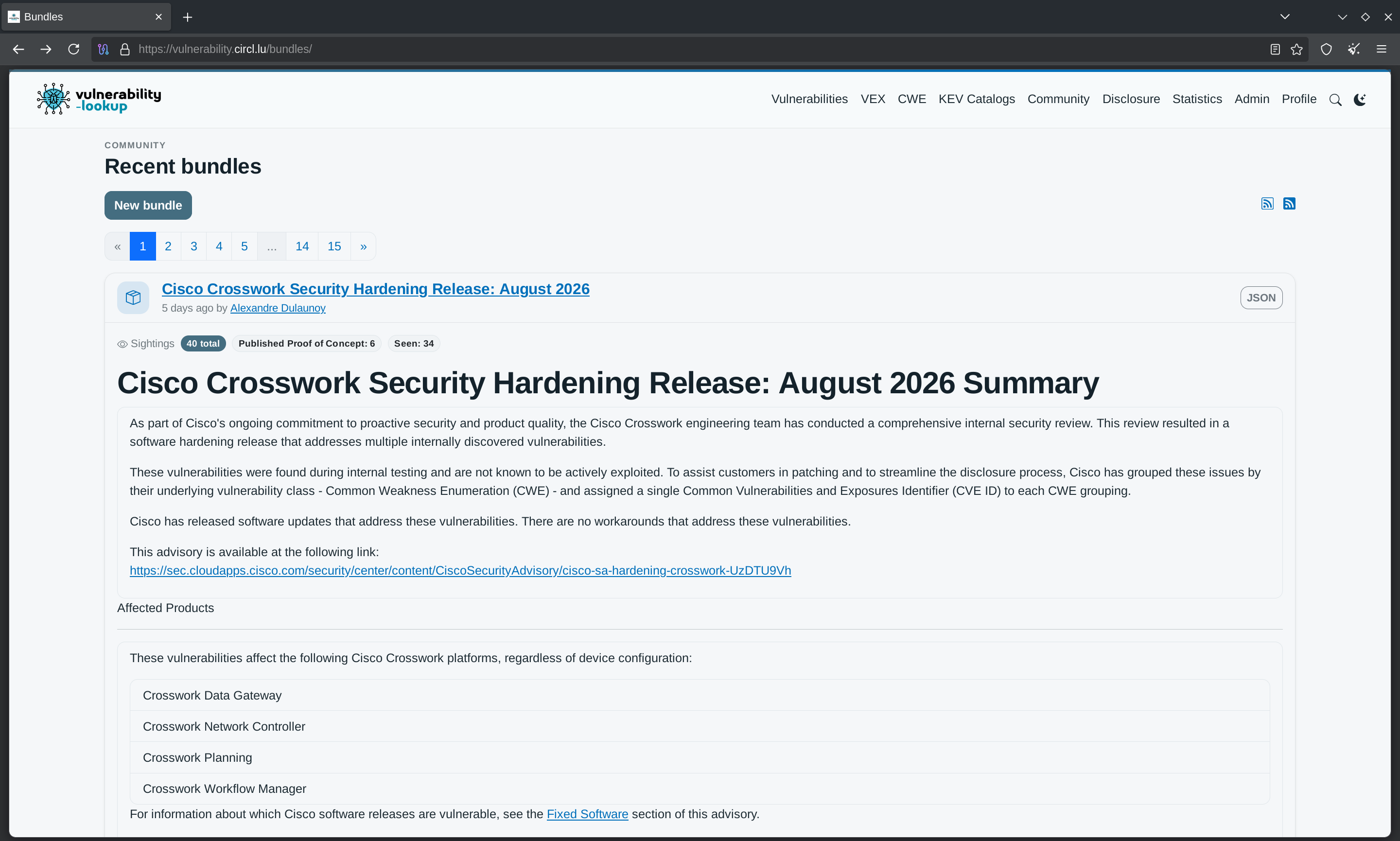 The recent bundles list showing a Cisco Crosswork Security Hardening Release bundle with a Sightings summary line: 40 total, Published Proof of Concept 6, Seen 34