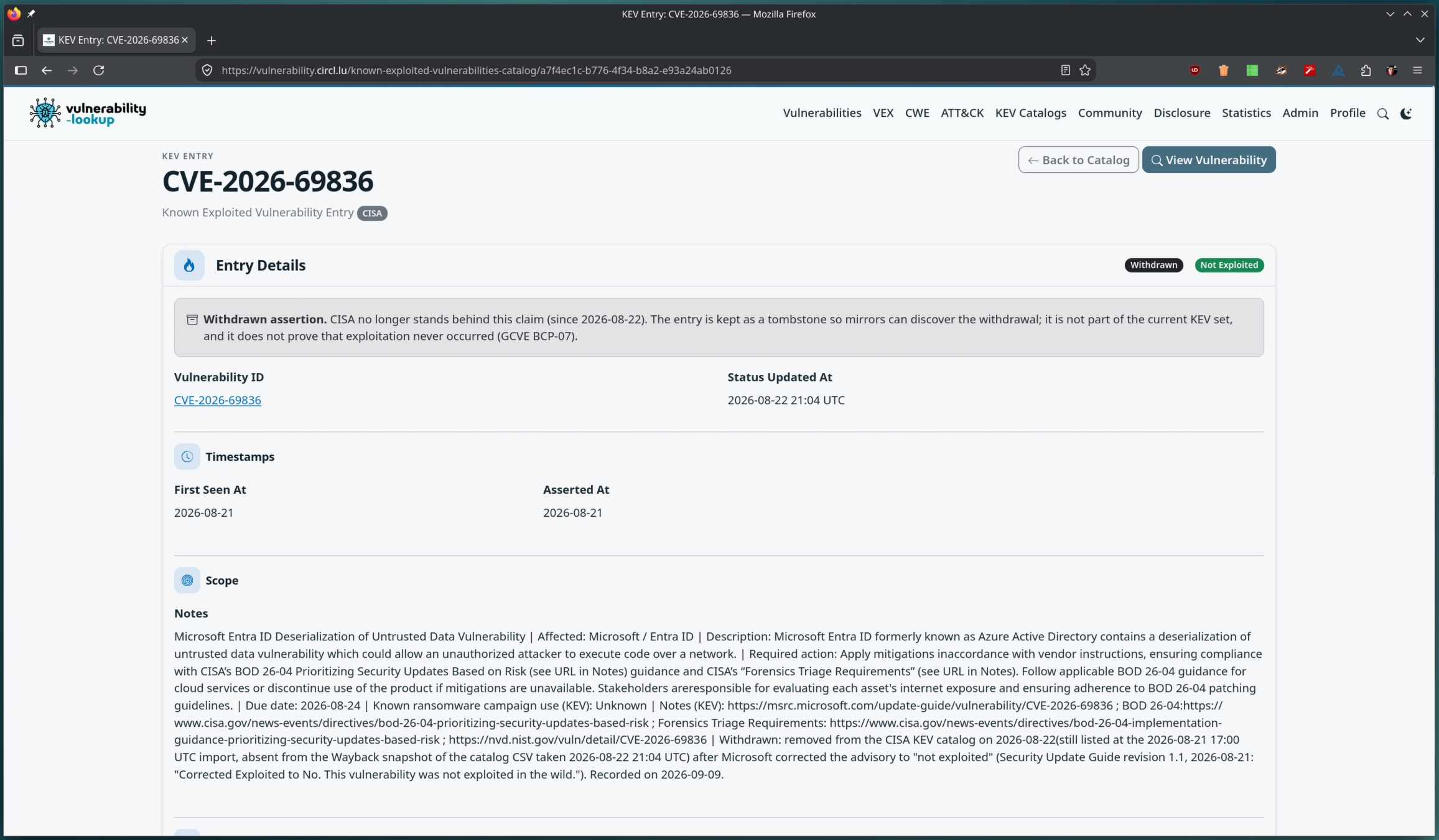 The KEV entry page for CVE-2026-69836 in the CISA catalog with Withdrawn and Not Exploited badges and a Withdrawn assertion notice explaining that CISA no longer stands behind the claim since 2026-08-22 and that the entry is kept as a tombstone so mirrors can discover the withdrawal