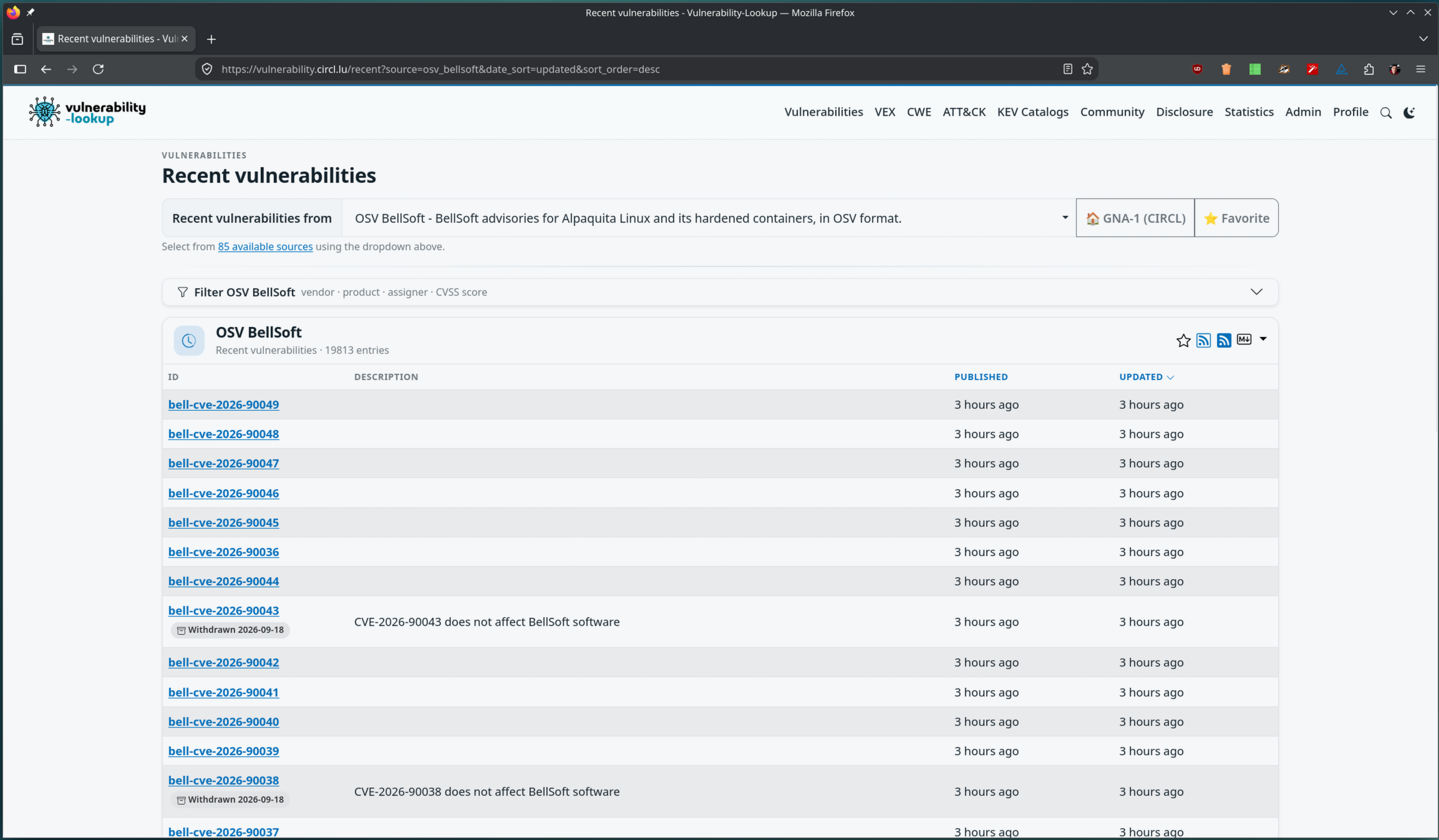 The recent vulnerabilities page for OSV BellSoft, sorted by update date: among the bell-cve-2026 rows, bell-cve-2026-90043 and bell-cve-2026-90038 carry a Withdrawn 2026-09-18 badge under their identifier and the description CVE does not affect BellSoft software