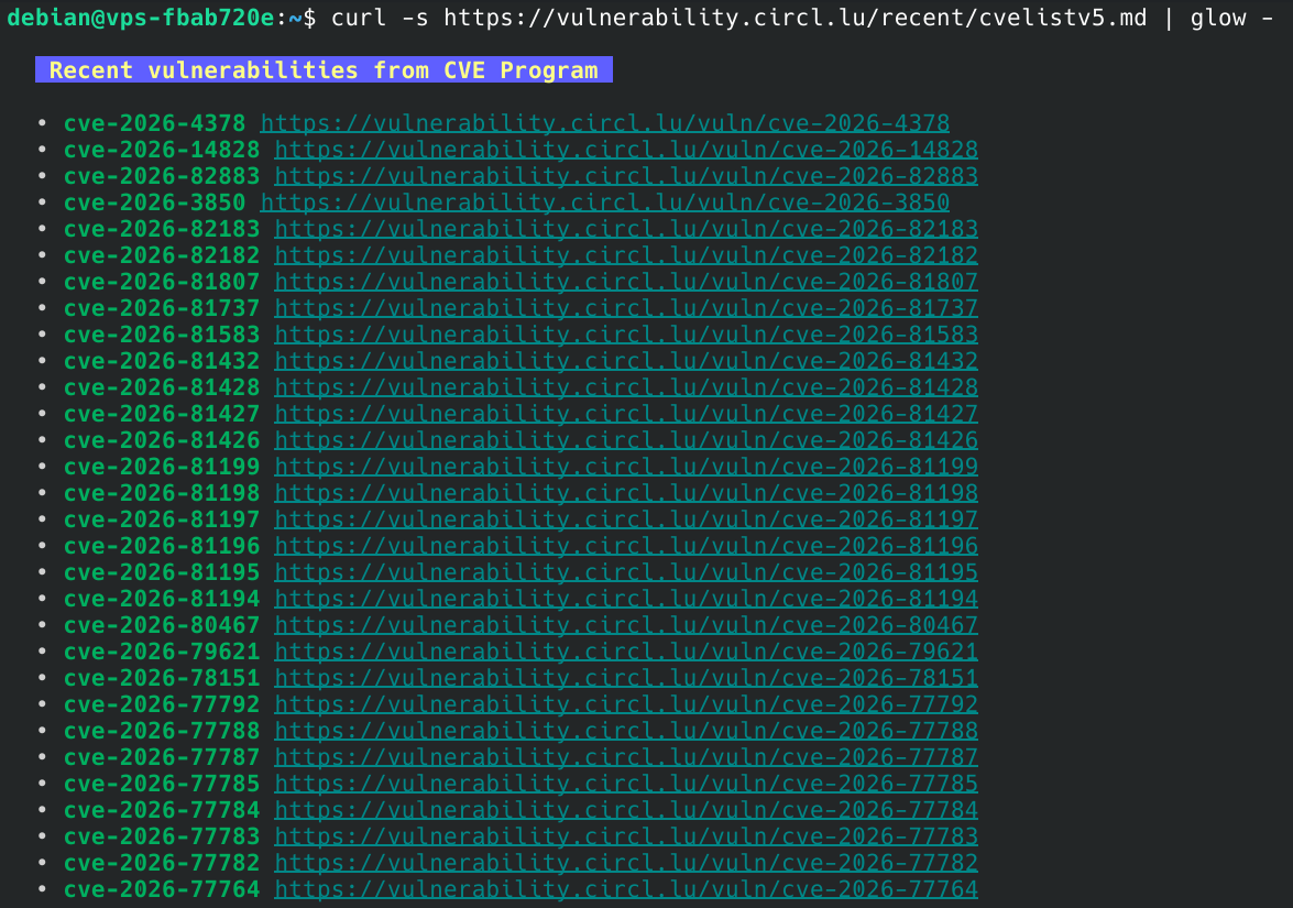 A terminal running curl -s https://vulnerability.circl.lu/recent/cvelistv5.md piped into glow, rendering a Recent vulnerabilities from CVE Program heading and a bulleted list of CVE identifiers, each linked to its vulnerability page