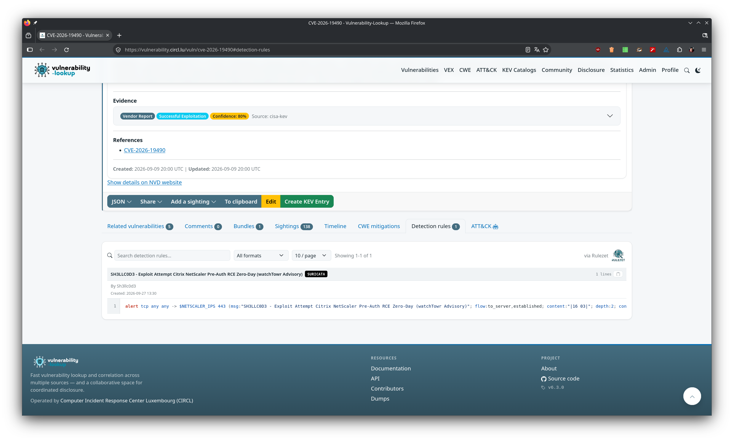 The Detection rules tab of CVE-2026-19490, served via Rulezet: a search box, an All formats filter, a 10 per page control and Showing 1-1 of 1, then one Suricata rule card, SH3LLC0D3 - Exploit Attempt Citrix NetScaler Pre-Auth RCE Zero-Day (watchTowr Advisory), by Sh3llc0d3, created 2026-09-27, with its single syntax-highlighted alert line and a copy button