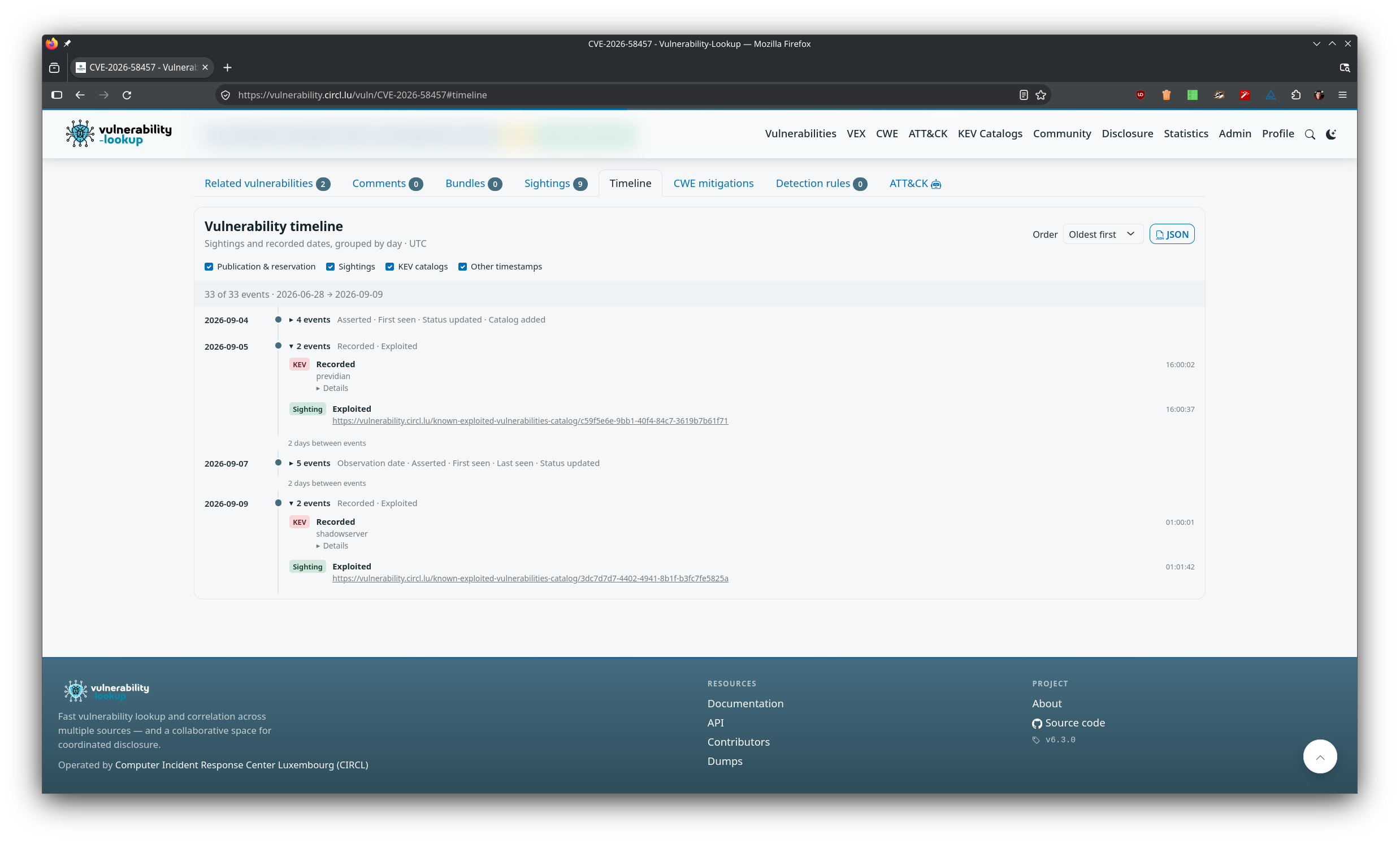 The Timeline tab of CVE-2026-58457 with 33 events: on 2026-09-05 a KEV Recorded event from the Previdian catalogue at 16:00:02 followed by an Exploited sighting at 16:00:37 pointing at the known-exploited-vulnerabilities-catalog entry, and on 2026-09-09 the same pair from the Shadowserver catalogue
