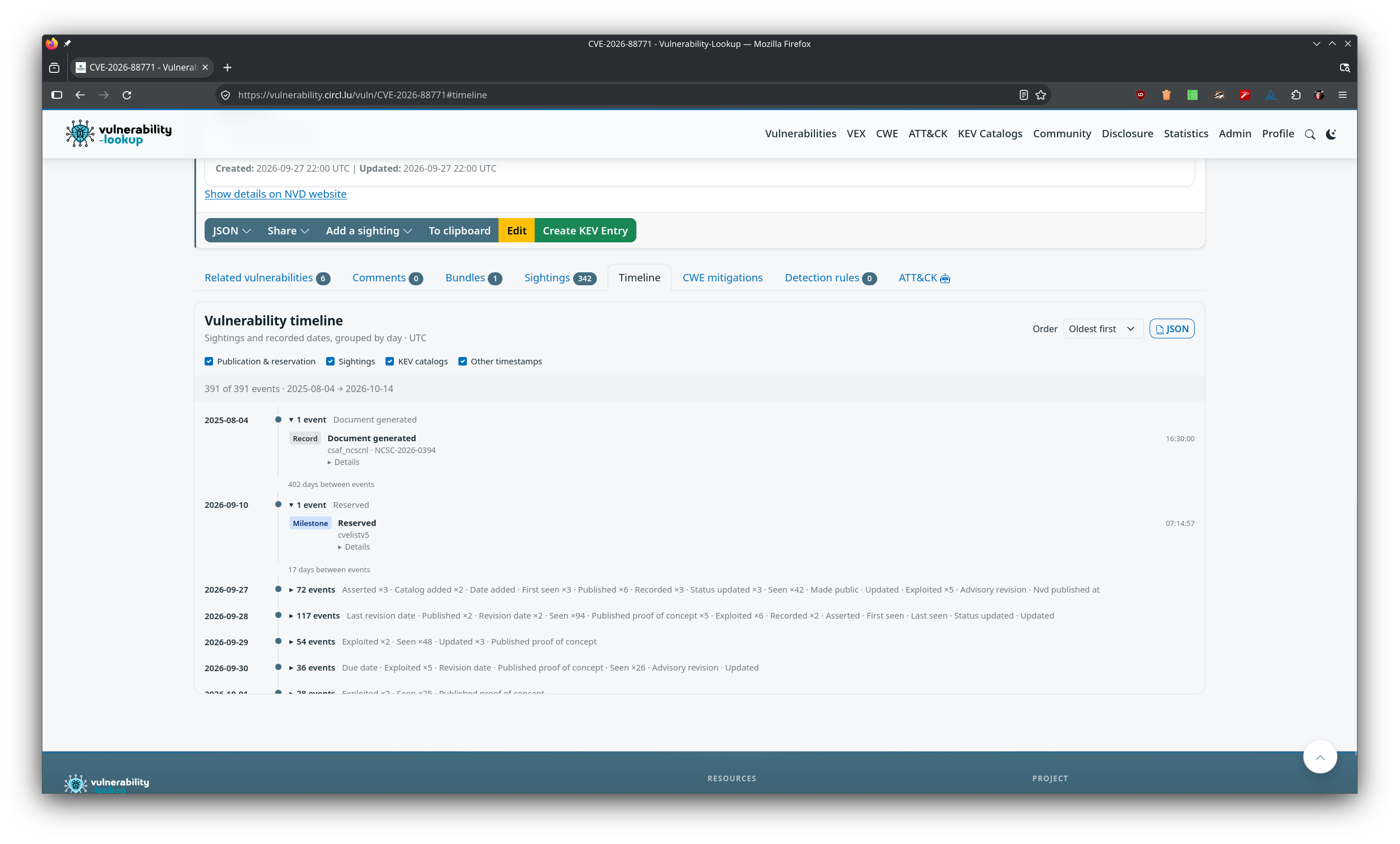 The Timeline tab of CVE-2026-88771 with 342 sightings: filters for publication and reservation, sightings, KEV catalogs and other timestamps, 391 events from 2025-08-04 to 2026-10-14, a Document generated record event from the csaf_ncscnl source 402 days before the Reserved milestone, then days of 72, 117, 54 and 36 events folded with a summary of their event types