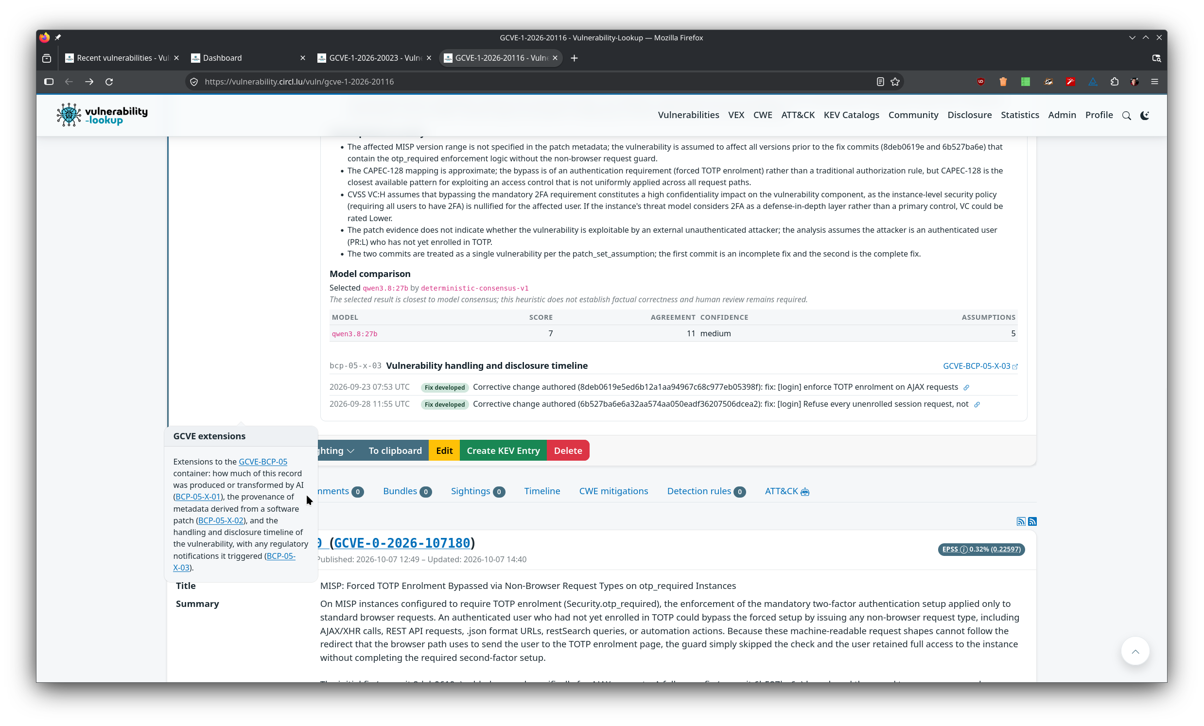 The GCVE extensions panel of GCVE-1-2026-20116, a MISP forced-TOTP-enrolment bypass generated by patch2vuln: the assumptions and the model comparison of the patch provenance section, then the bcp-05-x-03 Vulnerability handling and disclosure timeline section with two Fix developed events dated 2026-09-23 and 2026-09-28, each naming the corrective commit, and a tooltip explaining the three BCP-05 extensions